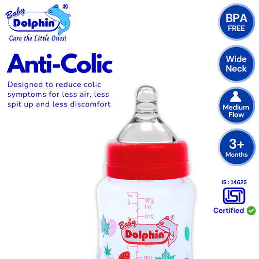 Anti-Colic Wide Neck Plastic Feeding Bottle, 250ml, Red.