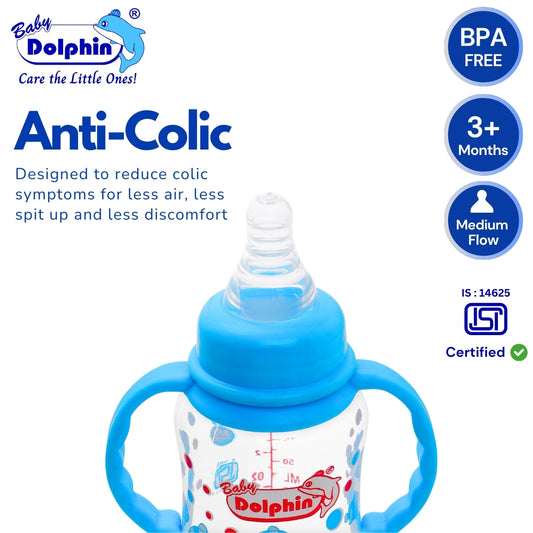 Anti-Colic Plastic Feeding Bottle 125ml with Handle, Blue