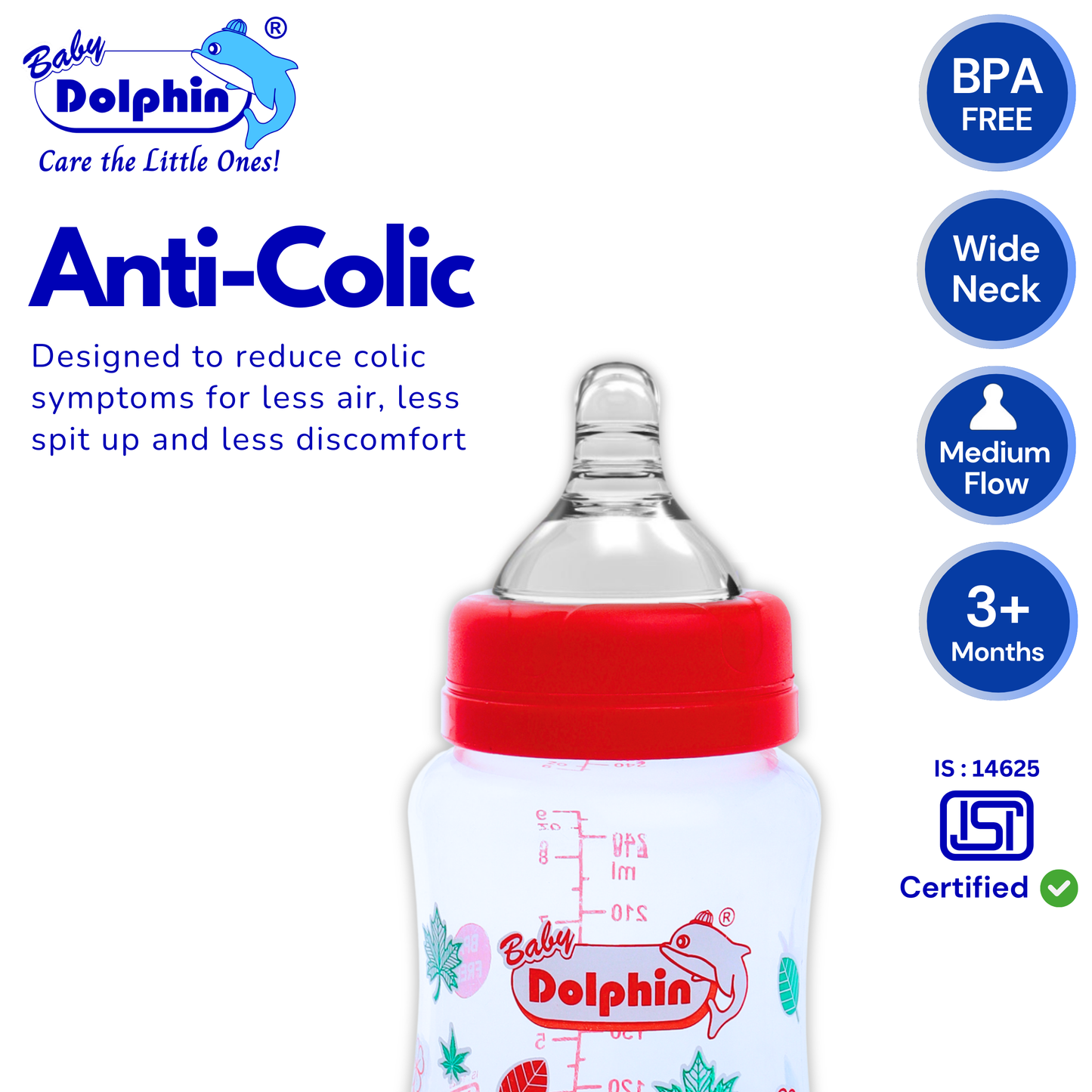 Anti-Colic Wide Neck Plastic Feeding Bottle, 250ml, Red.