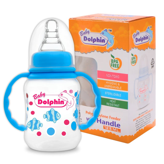 Anti-Colic Plastic Feeding Bottle 125ml with Handle, Blue